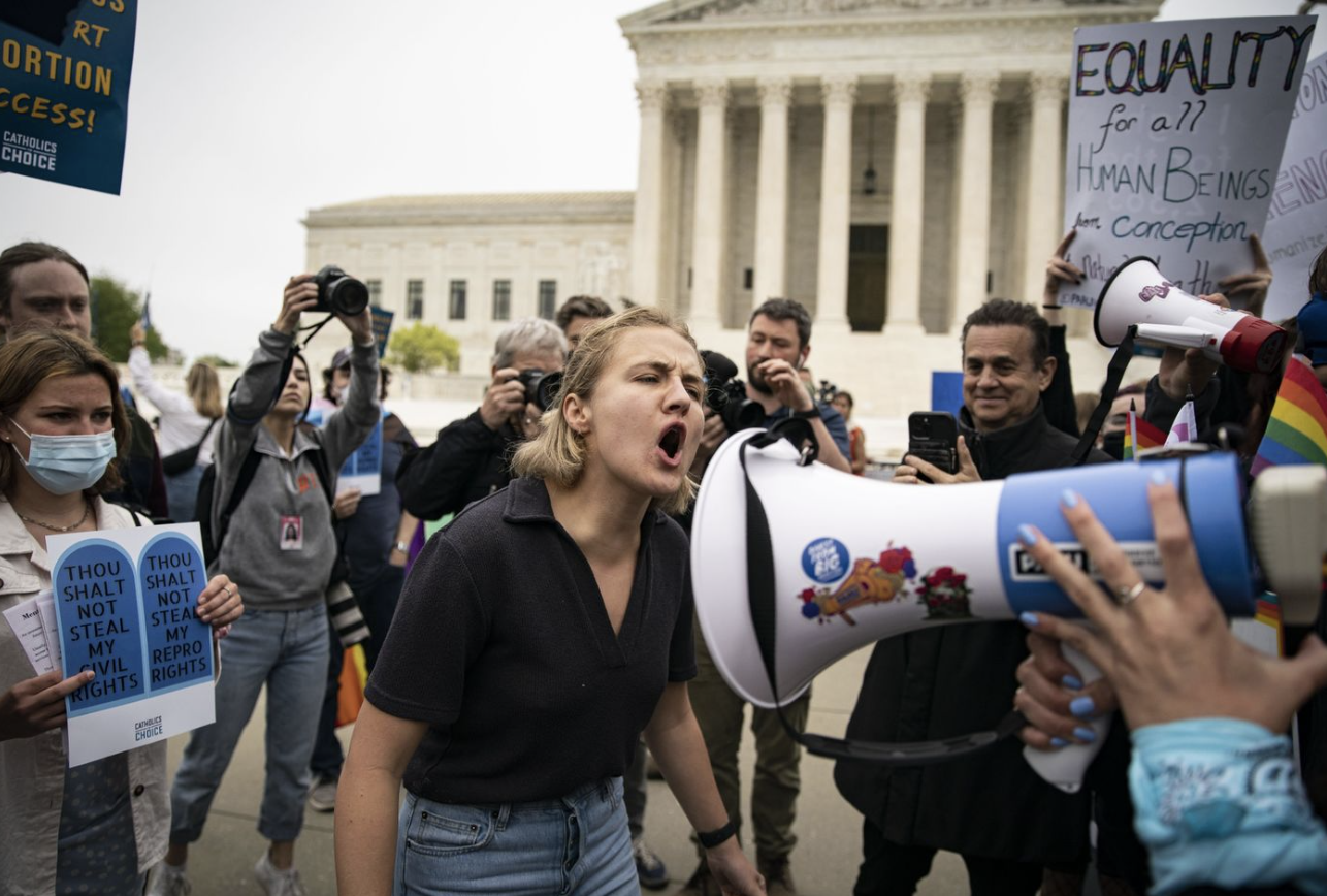 Demonstrators outside the U.S. Supreme Court in Washington, D.C., on May 3.Photographer: Al Drago/Bloomberg
