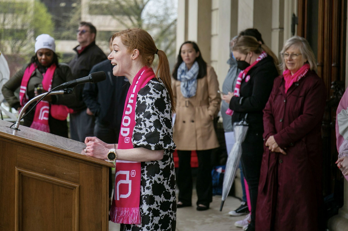 Michigan state Sen. Mallory McMorrow speaks at a rally organized by Planned Parenthood Michigan on the steps of the Michigan State Capitol building in May 2022. (DANIEL SHULAR/THE GRAND RAPIDS/AP)